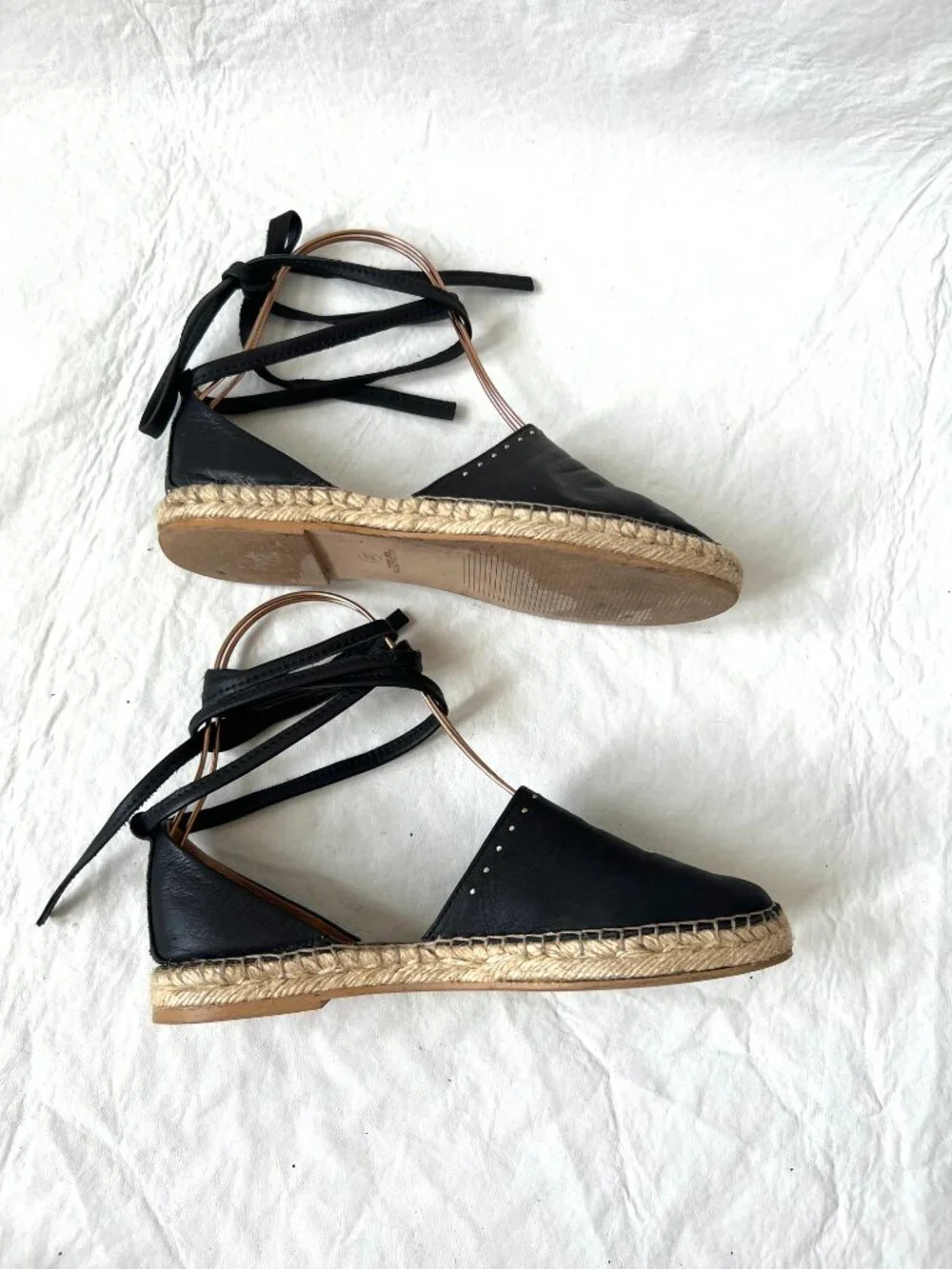 All Saints espadrilles 37 7 womens black leather flats ankle tie lace up studded